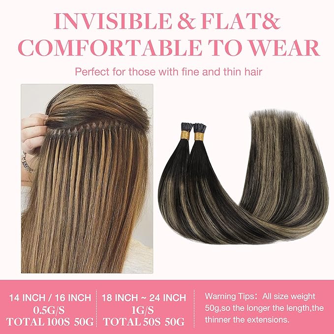 GOO GOO I Tip Hair Extensions, Real Human Hair, 18inch 50g, Cold Fusion, Invisible Remy, 1B/19/1B Natural Black to Light Blonde