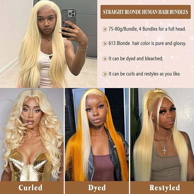 613 Blonde Bundles Human Hair 18 20 22 24Inch Straight 613 Bundle 4 Bundles 16A Grade Brazilian Virgin Human Hair Bundle Weave Hair Extensions For Women