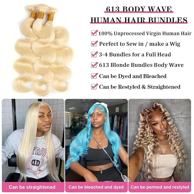 613 Blonde Body Wave Bundles Human Hair 14 inch 100% Unprocessed Virgin Human Hair Single Bundle 12A Quick Weave Hair Extensions Double Weft