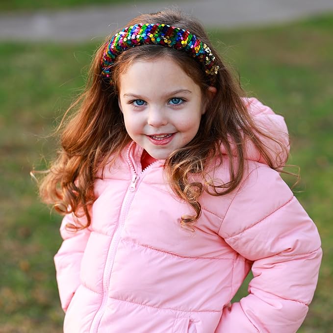 FROG SAC Sequin Headband for Girls, Wide Headbands for Kids, Sparkly Reversible Sequined Toddler Hair Bands, Sparkle Head Band Hair Accessories, Easter Basket Fillers Stocking Stuffers (Rainbow/Gold)