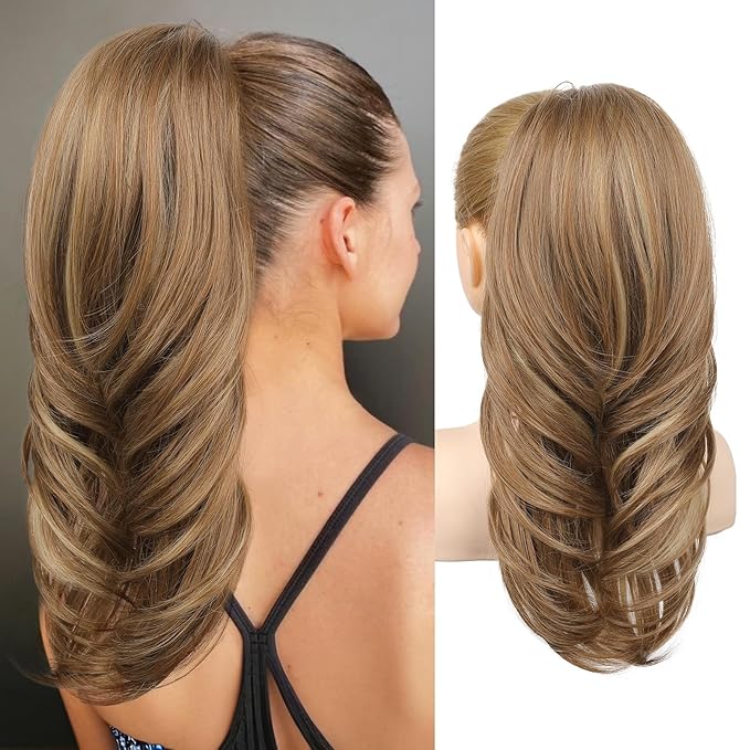 SEIKEA Versatile Drawstring Ponytail Extension, 18" Long Wavy Multi Layered Clip in Ponytail Hair Extensions Stand Up High Fake Pony Tail Soft Natural Synthetic Hairpiece Light Brown/Blonde Highlights
