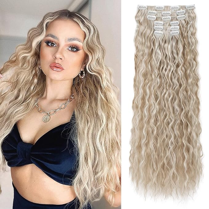 LONAI Clip In Hair Extensions, 6PCS Curly 24" Long Synthetic Clip On Hairpiece For Women-Light Blonde with White Blonde Highlights