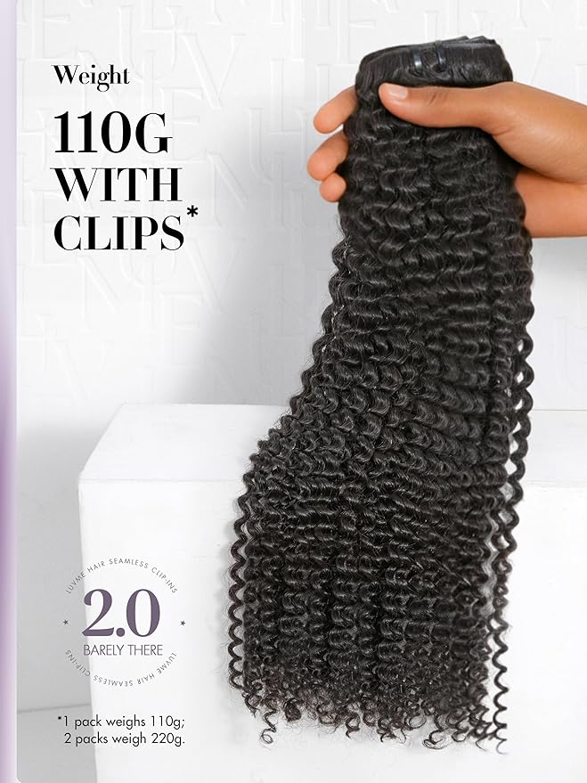LUVME Invisible Clip ins Hair Extensions Deep Kinky Curly Real Human Hair Remy Hair Clip ins for Women, Natural Human Hair, 18 inch 110g 6Pcs, Natural Black