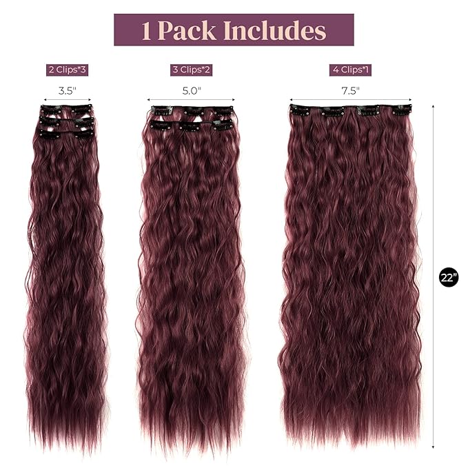 LONAI Clip In Hair Extensions, 6PCS Curly 24" Long Synthetic Clip On Hairpiece For Women-Burgunry