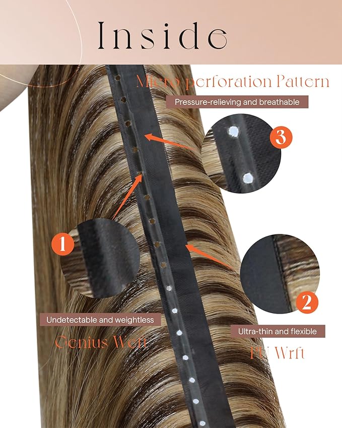 Sunny Hair Butterfly Hair Extensions Double Layered with Hole Butterfly Weft Extensions Human Hair Dark Brown Highlight Caramel Blonde 18 Inch 100G