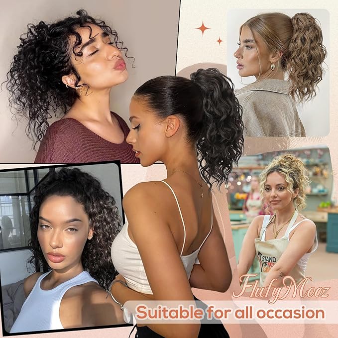 Flufymooz Ponytail Extension, 12" Short Claw Ponytail Extension Wavy Curly Jaw Clip in Pony tails Hairpiece Natural Synthetic Hairpiece for Women (Natural Black)