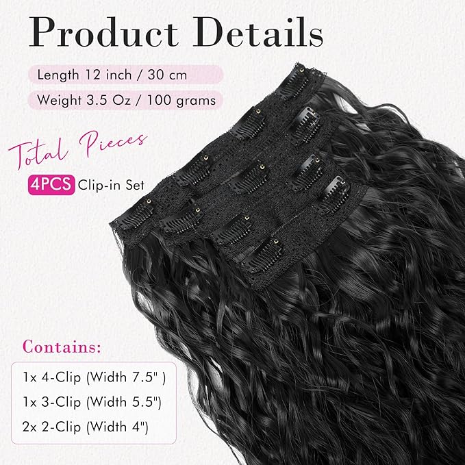 REECHO Hair Extensions, 4PCS Clip in Hair Extensions 12" Short Curly Wavy Black Hair Extensions Invisible Lace Weft Natural Soft Hairpieces for Women – Black