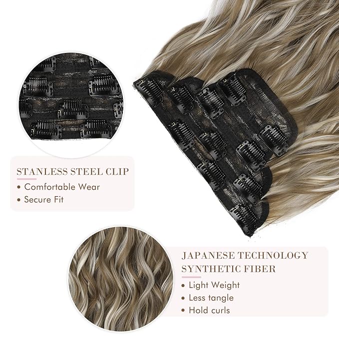 REECHO Hair Extensions, 4PCS Clip in Hair Extensions HE001 Natural Soft Synthetic Hairpieces for Women, Light Brown with Highlights