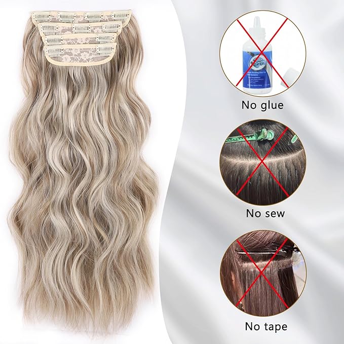 Clip in Hair Extensions for Women Dark Blonde Hair Extensions Synthetic Clip in Long wavy clip in hair extensions 20 inch Double Weft Hairpieces Full Head For Women (20INCH, P88/86)