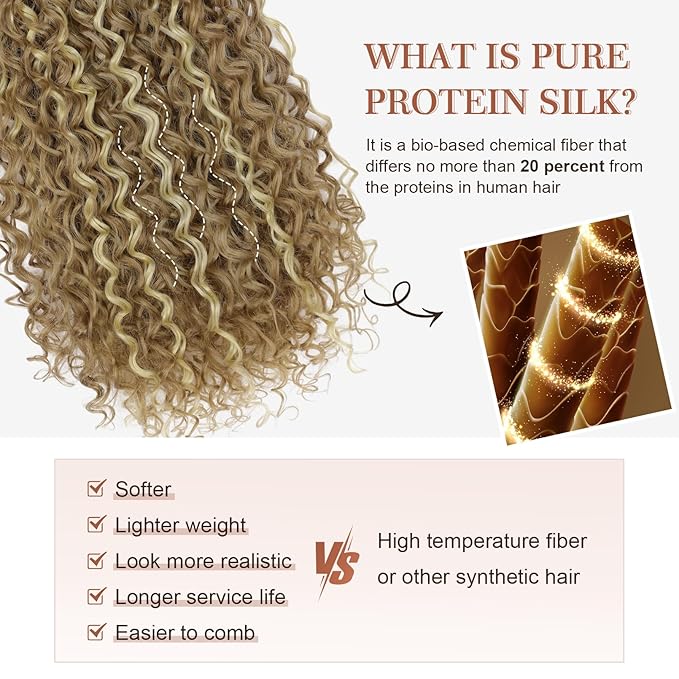 Flufymooz Clip in Hair Extensions, 4PC 100％ Pure Protein Silk Hair Extensions Long Soft Natural Hairpiece 20 Inch Curly Hair Extension for Women- Camel Brown with Blonde Highlights