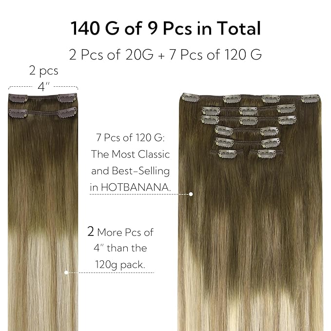 HOTBANANA Clip in Hair Extensions Real Human Hair, 135g 9pcs 14 inch Walnut Brown to Ash Brown and Bleach Blonde Straight Remy Clip in Extensions Full Head for Women