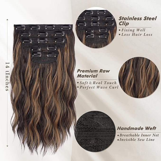 BARSDAR Short Wavy Clip in Hair Extensions - 14 Inch Dark Brown Blonde Highlights Hair Extensions for Women - 5PCs Thick Soft Synthetic Loose Wavy Clip in Hairpieces – Dark Brown with Highlights