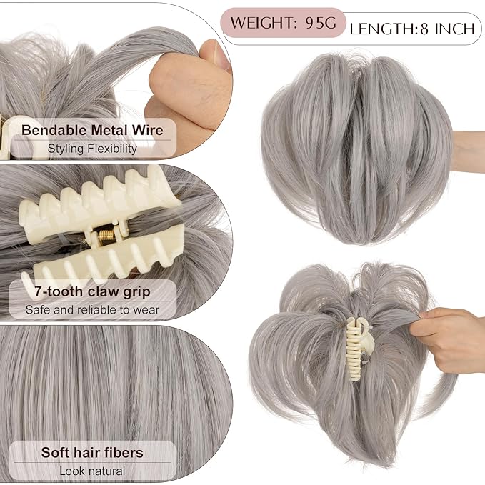 Claw Clip Short Ponytail Hair Extensions Messy Bun Hair Piece Pony Tails Hair Extensions with Bendable Metal Wire Hair Pieces DIY Style 8 Inch 88A/503