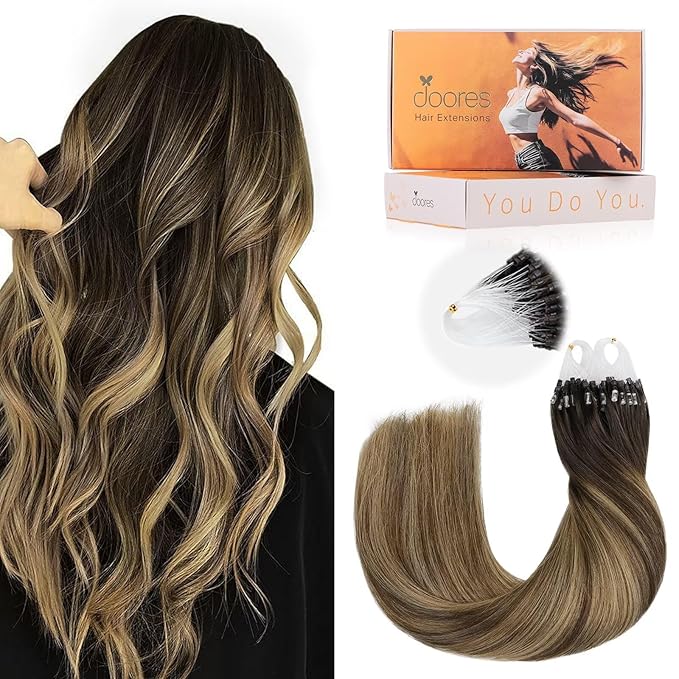 DOORES Micro Loop Hair Extensions Virgin Human Hair, Balayage Chocolate Brown to Caramel Blonde 22 Inch 50g/50s, Invisible Microlinks Real Human Hair Extensions