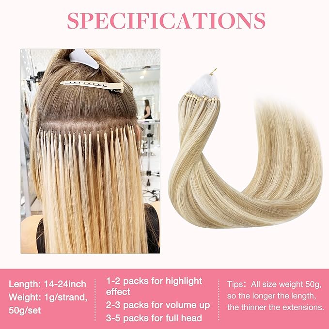 GOO GOO Micro Link Tip Hair Extensions Real Human Hair, 18inch 50g 50S, Cold Fusion Micro Link Tip Hair Extensions, Invisible Remy Hair Extensions, 18A/613A Dark Blonde Highlighted Bleach Blonde