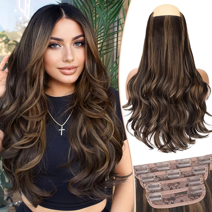 Kookastyle Clip in Hair Extensions, Natural Long Layered Soft Invisible Synthetic Curly Hairpieces for Women,4 pcs(20 Inch,Balayage Chocolate Brown to Caramel Blonde)