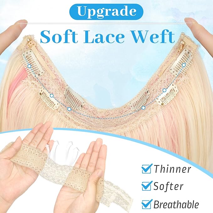 KooKaStyle Invisible Wire Hair Extensions 20"Long Wavy Layered Synthetic Clip in with Transparent Wire Adjustable Size 6 Secure Clips Blonde with Pink Highlights Thick Hairpieces for Women 20 Inch
