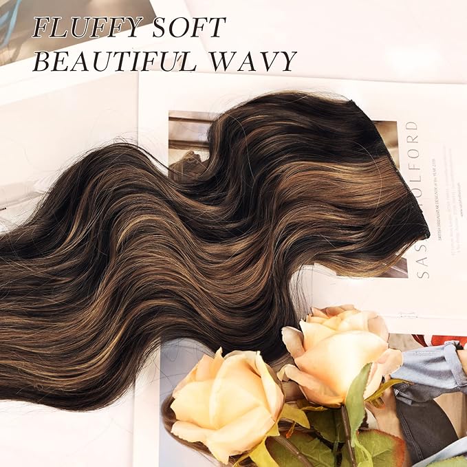 NAYOO Clip in Hair Extensions for Women 20 Inch Long Wavy Curly Dark Brown Mix Chestnut Hairpieces Full Head Synthetic Hair Hairpieces (6PCS, Dark Brown Mix Chestnut)