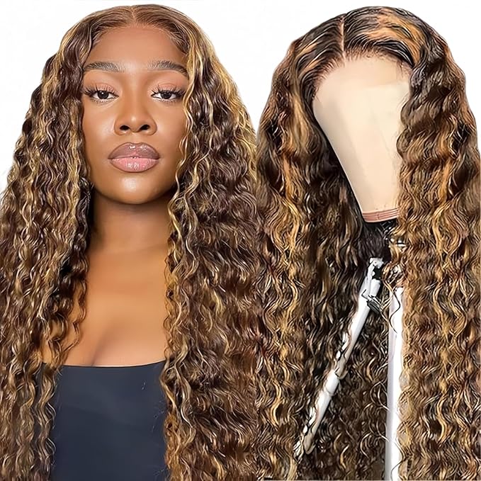 5x5 Highlight Water Wave Closure Wigs Human Hair 180% Density Curly Human Hair Wig Pre Plucked 20inch P4/27 Ombre 5x5 HD Lace Closure Wigs for Women(427curly 20inch)