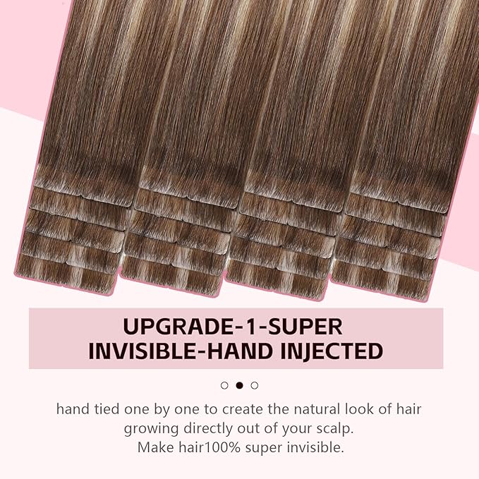 3rd-Generation Real Human Hair Injection Tape in Hair Extensions #3/8/22 Walnut Brown to Ash Brown and Golden Blonde 20pcs 35g 16inch Invisible Tape ins Extensions(#3/8/22-16inch）