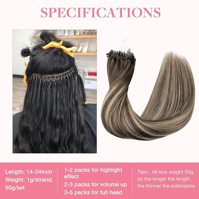 GOO GOO Micro Link Tip Hair Extensions, Real Human Hair, 16inch 50g 50S, Cold Fusion, Invisible Remy, 4/26/4 Balayage Chocolate Brown to Honey Blonde