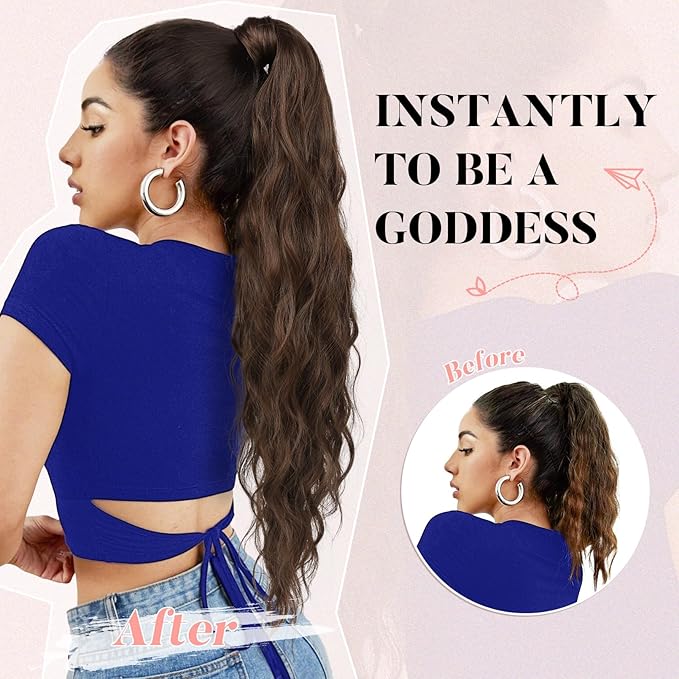 Flufymooz Ponytail Extension, Flexible Wrap Around Ponytail Extension Long Wavy Curly Ponytail Hair Extensions Natural pony tail Synthetic Hairpiece for Women 32 Inch (Dark Chocolate Brown)