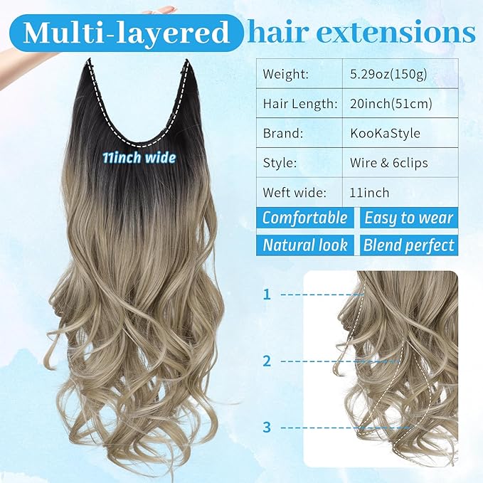 KooKaStyle Invisible Wire Hair Extensions 20"Long Wavy Layered Synthetic Clip in with Adjustable Size 6 Secure Clips Ombre Black to Ash Blonde Natural Soft Thick Hairpieces for Women 20 Inch