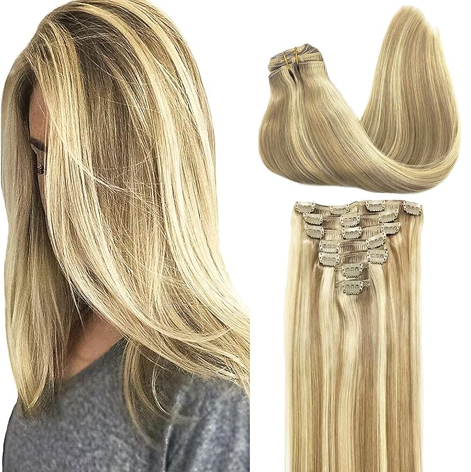 GOO GOO Clip in Hair Extensions Real Human Hair, Remy Human Hair Extensions Clip ins for Women, Natural Human Hair, 22inch 120g 7Pcs, 16/22 Light Blonde Highlighted Golden Blonde