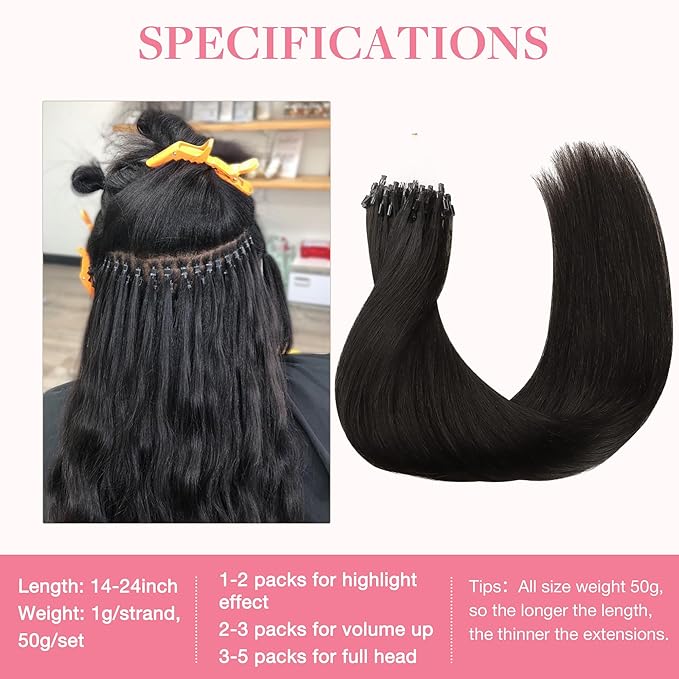 GOO GOO Micro Link Tip Hair Extensions, Real Human Hair, 16inch 50g 50S, Cold Fusion, Invisible Remy, 1B Natural Black