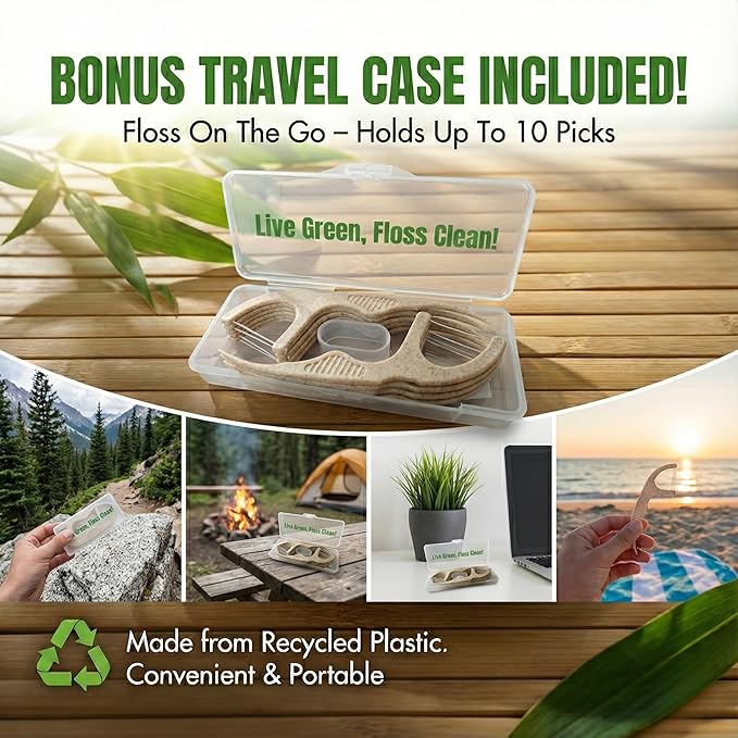Plant Based Naturally Mint Infused Floss Picks(220pcs) with Travel Case | Biodegradable Straw Wheat Handle | Thin Single Thread Flosser, Shred-Resistant- Easy Glide for Plaque Removal & Gentle on Gum