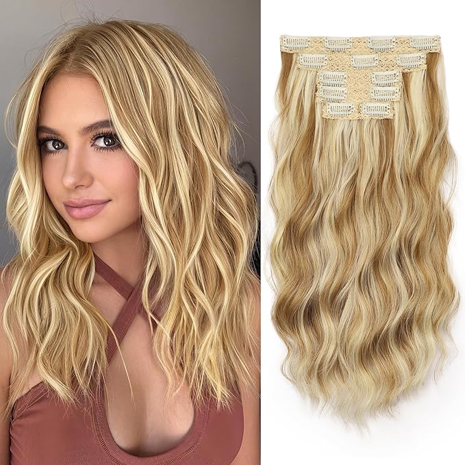 KooKaStyle Short Hair Extensions 6PCS 14 Inch Wavy Curly Hairpieces Synthetic Soft Lace Weft Clip in Hair Extensions-Honey Blonde to Bleach Blonde for Women