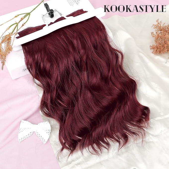 KooKaStyle Short Hair Extensions 6PCS 14 Inch Wavy Curly Hairpieces Synthetic Soft Lace Weft Clip in Hair Extensions-Burgundy for Women