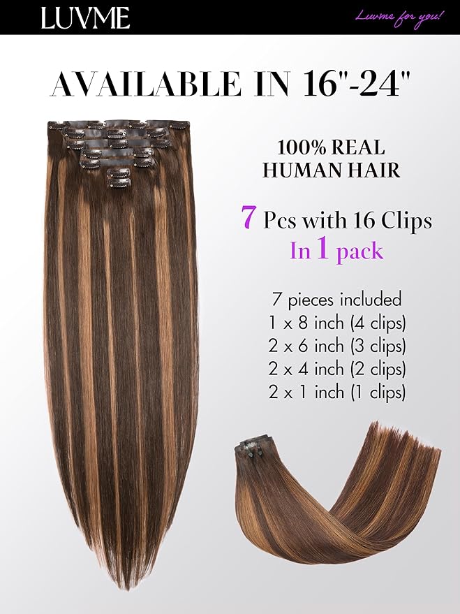 LUVME Straight Seamless 110g 7Pcs Clip in Hair Extensions Full Max with 22inch Remy Human Hair Extensions, Highlight Color 100% Real Soft