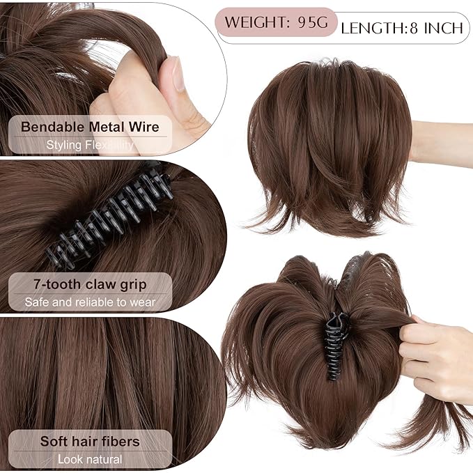 Claw Clip Short Ponytail Hair Extensions Messy Bun Hair Piece Pony Tails Hair Extensions with Bendable Metal Wire Hair Pieces DIY Style 8 Inch 10B Copper Brown