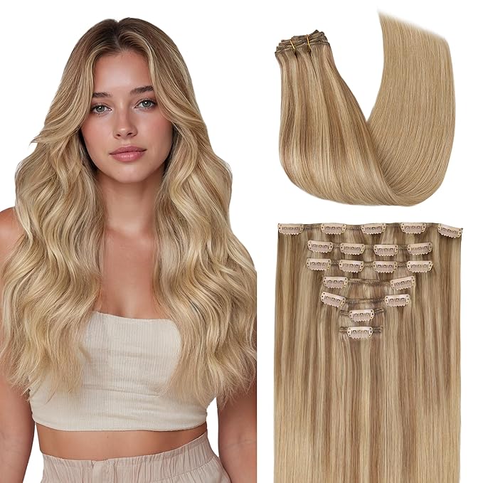 GOO GOO Clip in Hair Extensions Real Human Hair, Remy Human Hair Extensions Clip ins for Women, Natural Human Hair, 18inch 120g 7 Pcs, #12A/18H Ash Beige Blonde Blend