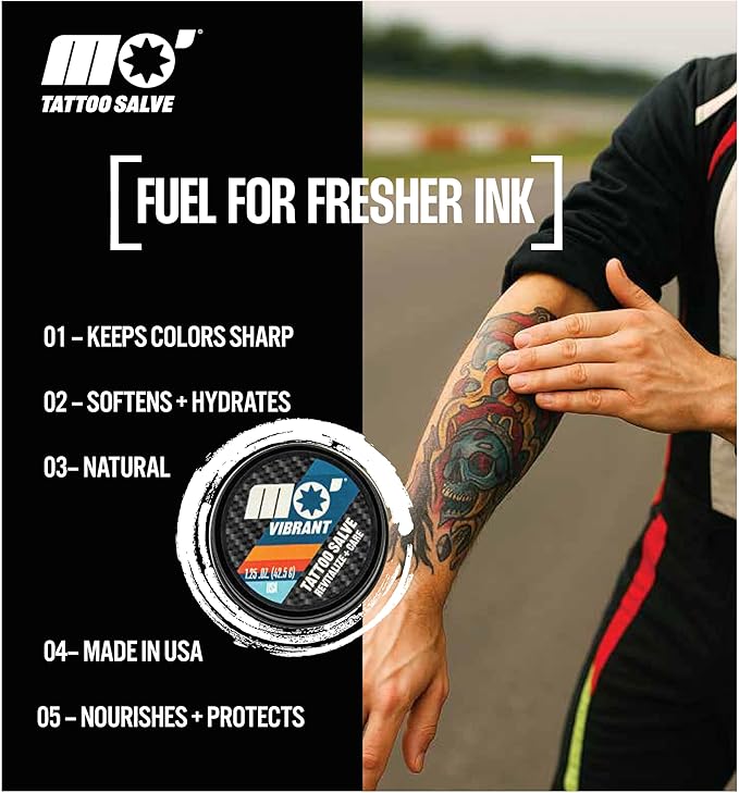 Mo’ Handsome Tattoo Salve – Hydrating Balm for New & Old Ink, Keeps Colors Vibrant & Skin Moisturized –Made in the USA, No Petroleum or Harsh Chemicals – Shea Butter & Vitamin E for Protection, Care