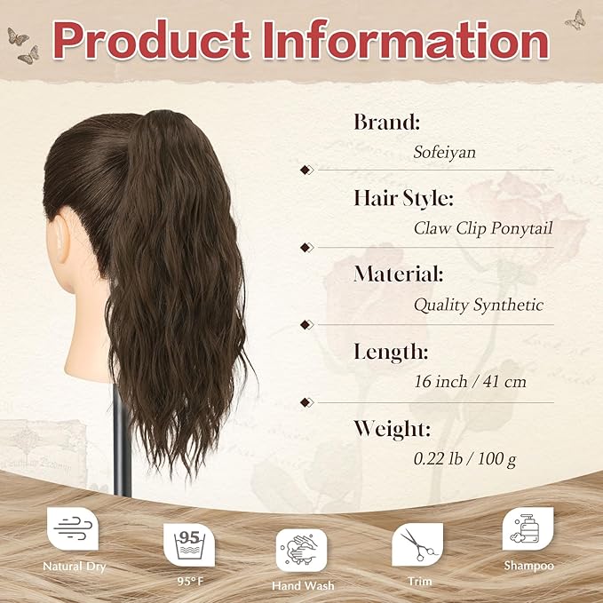 SOFEIYAN Ponytail Extension 16" Curly Wavy Claw Clip Ponytail Hair Extensions Small Claw Clip in Hairpiece Fluffy Clip on Pony Tails Jaw Clips for Women Synthetic Hairpiece, Brown