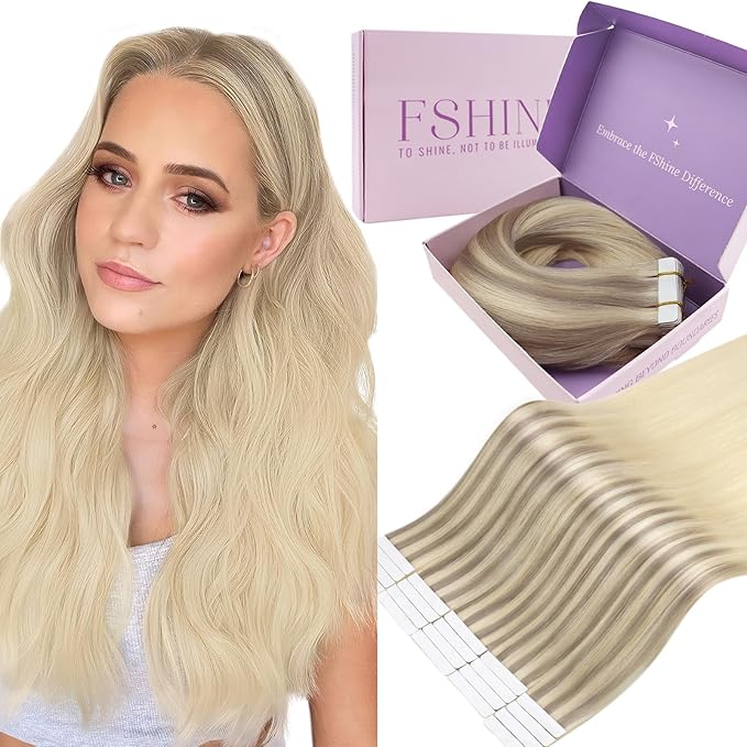 Fshine Blonde Tape In Hair Extensions Human Hair Balayage Ash Blonde To Golden And Platinum Blonde Tape Ins 20 pcs 50 g 20 Inch Skin Weft Remy Human,Designed to Boost Volume & Length
