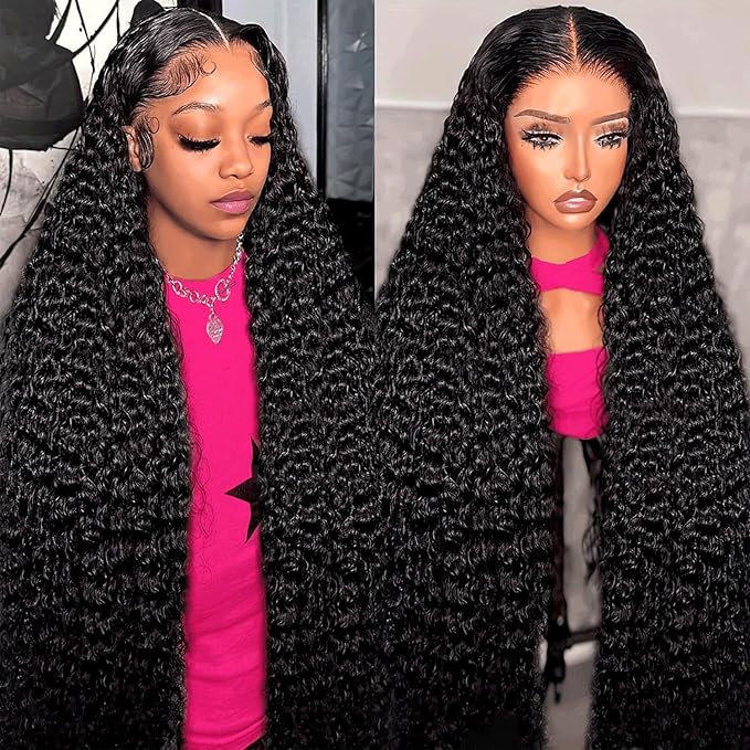 13x6 Deep Wave Lace Front Wigs Human Hair 180 Density Pre Plucked HD Transparent Curly Lace Frontal Human Hair Wig Natural Black Glueless Wigs with Baby Hair for Women 28 Inch