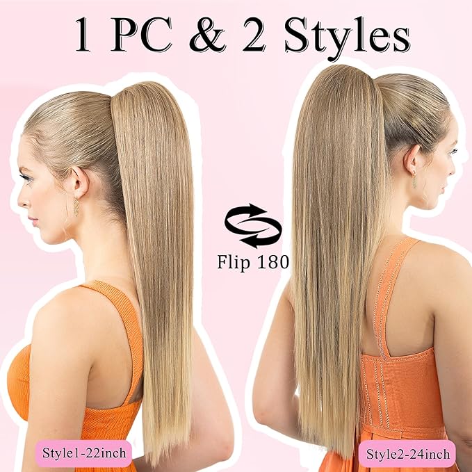 Ponytail Extension, 24" Long Straight Claw Clip Ponytail Extension clip on ponytails hair clip Hair claw clip Fake Ponytail Hairpieces for Women - Pecan Blonde
