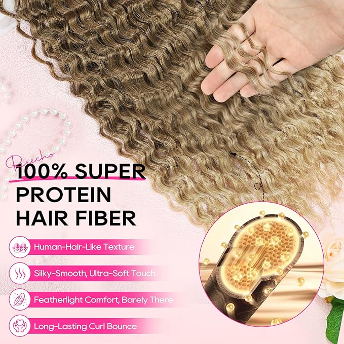 REECHO Hair Extensions - 4PCS 20" Water Wave Clip in Hair Extensions 100% Super Protein Silky Soft Natural Look with Invisible Lace Weft Hairpieces for Women - Light Golden Brown with Lighter Ends