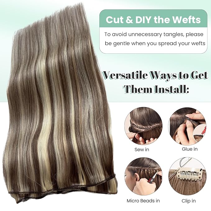 Sew in Hair Extensions Human Hair Medium Brown and Blonde Highlight Hair Wefts Straight 20 Inch 100G Hand Tied Extensions Real Human Hair Weave Bundles Brown Hair with Blonde Highlights