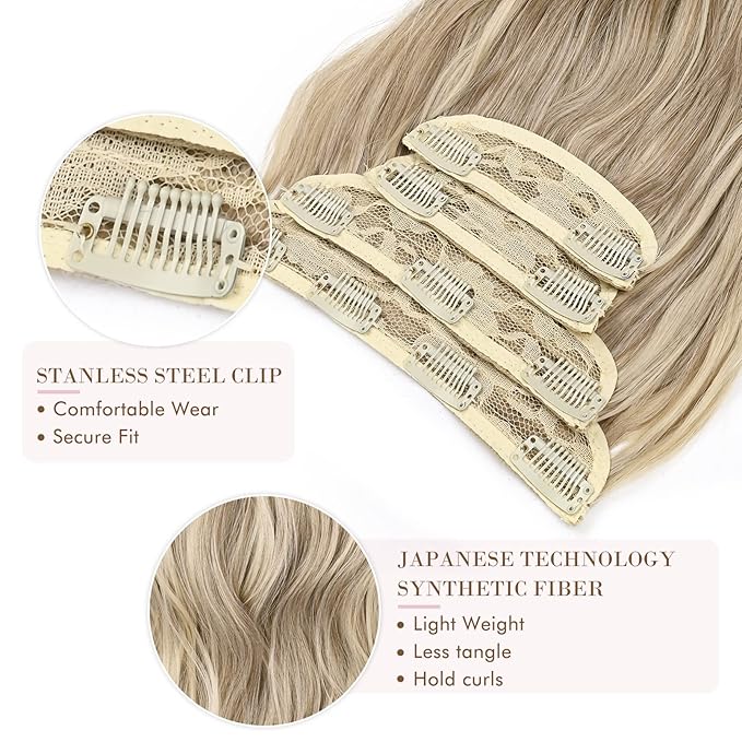 REECHO Hair Extensions, 4PCS Clip in Hair Extensions HE001 Natural Soft Synthetic Hairpieces for Women, Dark Ash Blonde