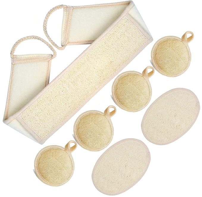 UCINNOVATE Natural Shower Loofah Eco-Friendly Egyptian Sponge 7 Packs, Exfoliating Loofah Sponge Face Pads Scrubber, Large Exfoliating Shower Loofa Body Scrubbers Buff Away Dead Skin for Smoother