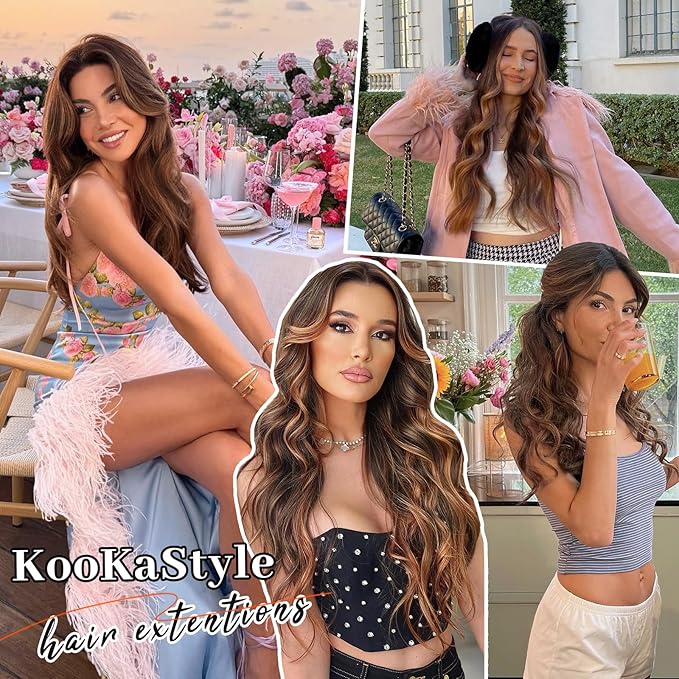 KooKaStyle Hair Extensions, 7PCS Clip in Hair Extension, 20 Inch Auburn Mix Chestnut Long Wavy Natural Soft Thick Hairpieces for Women