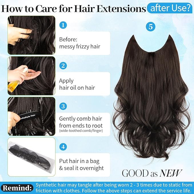 KooKaStyle Invisible Wire Hair Extensions Long Wavy Layered Synthetic Hair Extensions with Transparent Wire Adjustable Size 6 Secure Clips Dark Brown/6# Hairpieces for Women 16 Inch