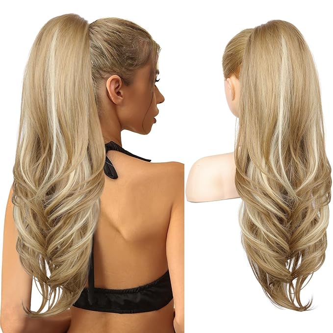 SEIKEA Versatile Drawstring Ponytail Extension, 26" Long Wavy Multi Layered Clip in Ponytail Hair Extensions Stand Up High Fake Pony Tail Soft Natural Synthetic Hairpiece Medium Blonde/Blonde