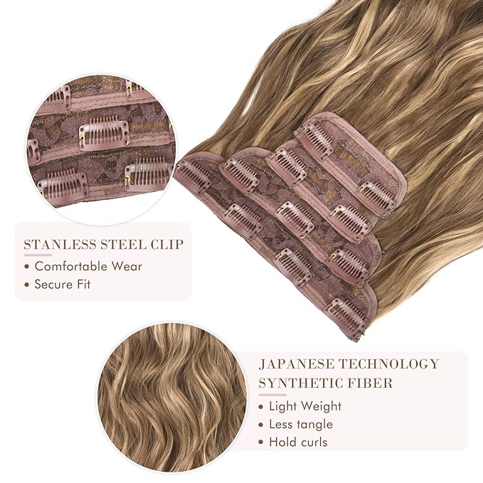 REECHO Hair Extensions, 4PCS Clip in Hair Extensions HE001 Natural Soft Synthetic Hairpieces for Women, Light Brown with Blonde Highlights