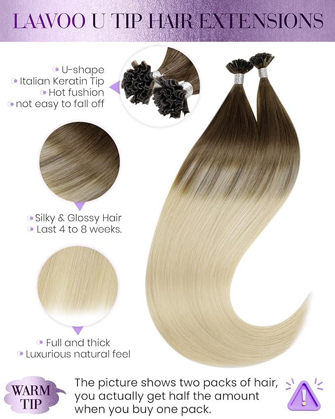 LaaVoo U Tip Hair Extensions Human Hair Light Brown Fading to Light Blonde Ktip Human Hair Extensions Straight Soft 22 Inch 1g/1s 50g/pack