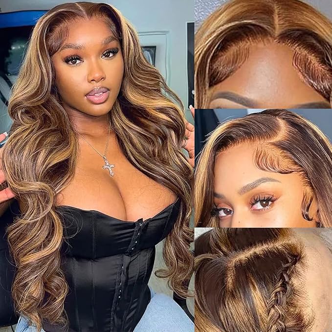 Aicrelery Highlight Ombre 13x6 Lace Front Wig Human Hair Pre Plucked 13x6 HD Transparent 4/27 Honey Blonde lace frontal Wigs with Baby Hair 180% Density Body Wave Lace Front wig for Women 22 Inch